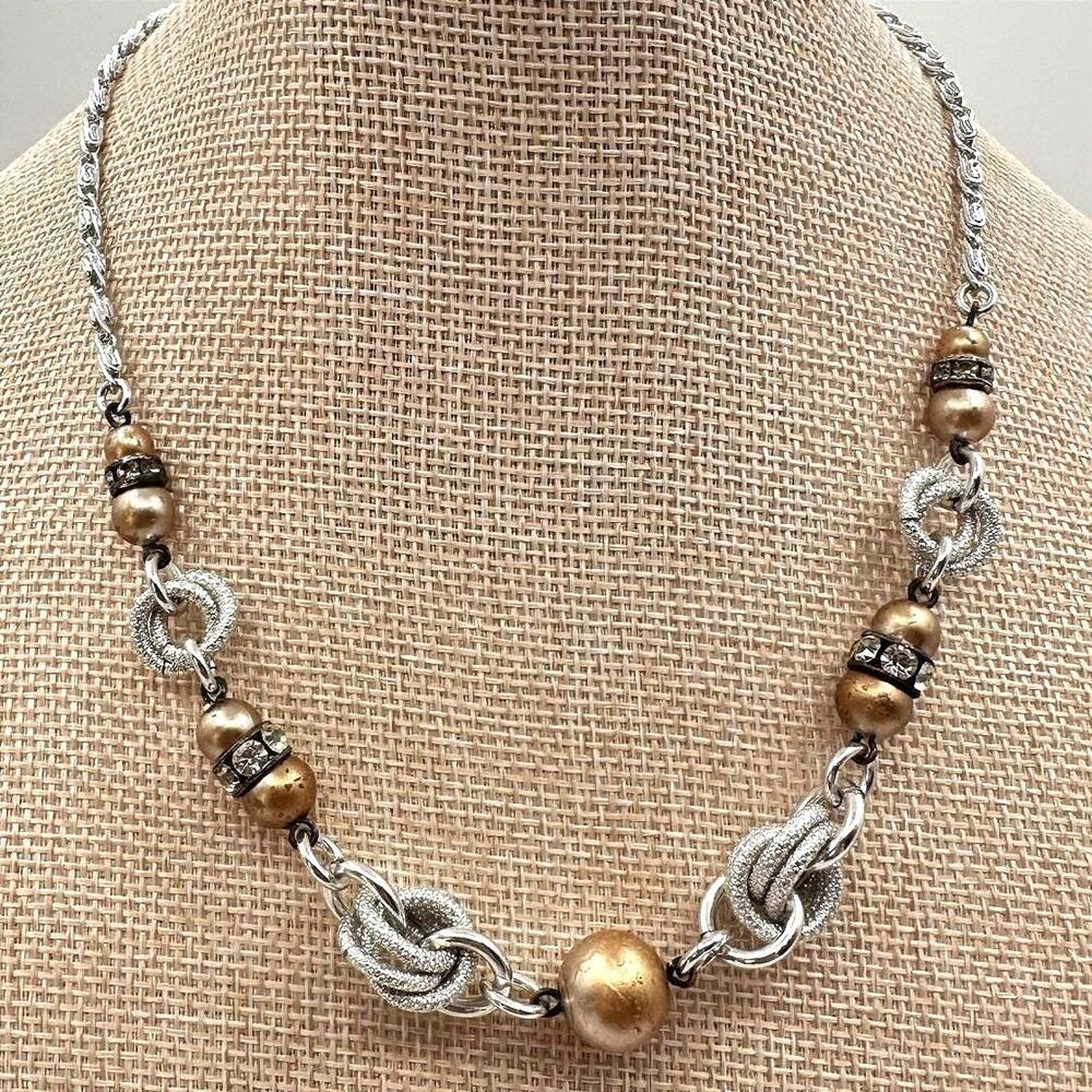 Vintage Two Tone Gold Silver Link Collar Necklace Rhinestone Bead Statement 90s